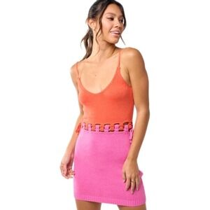 NWT Vestique Mini Dress Knit Sleeveless Size M Orange Pink Cut Out Waist